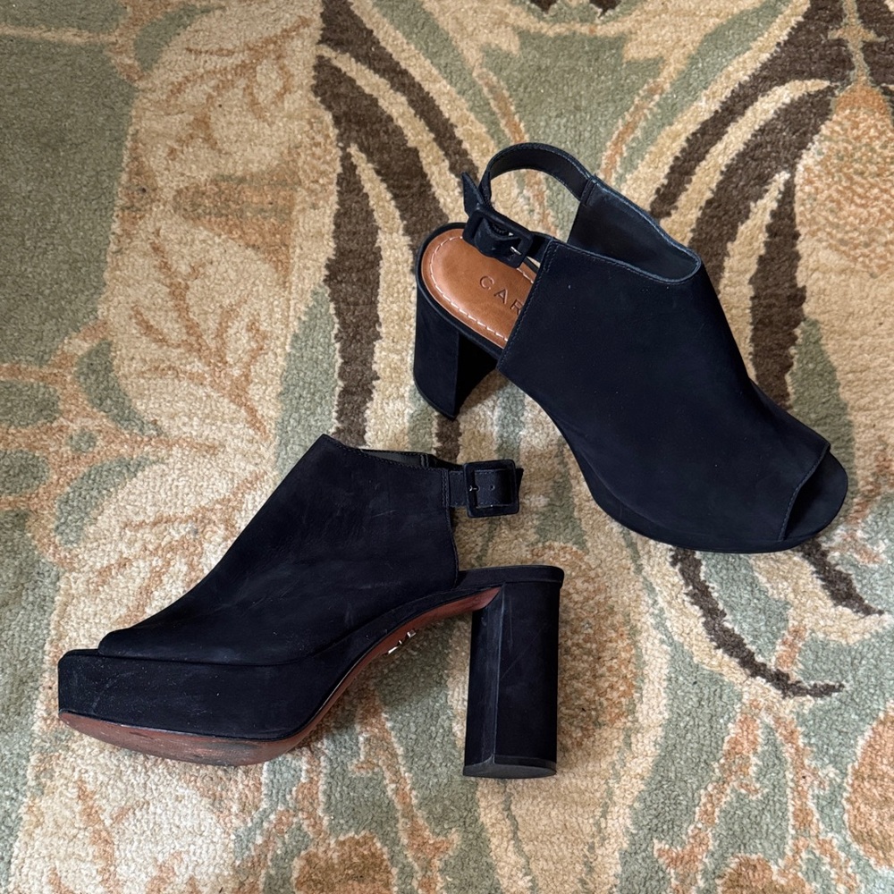 Carrano Made in Brazil Black Nubick Suede Leather Peep-Toe Block Heels Shoes